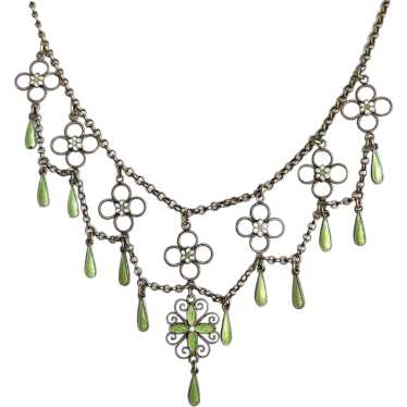 Antique Silver Green Enamel Festoon Necklace Attri