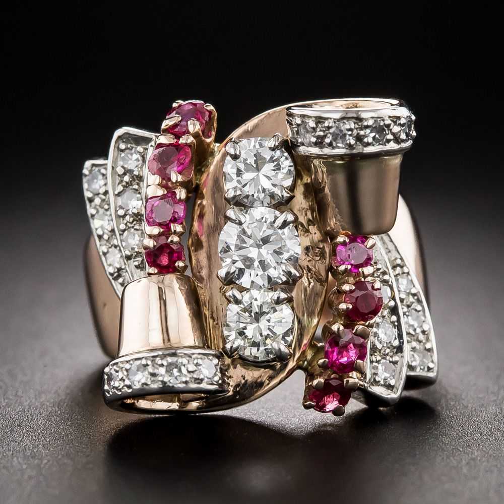 Retro Diamond And Ruby Rose Gold Ring, Size 4 1/2 - image 1