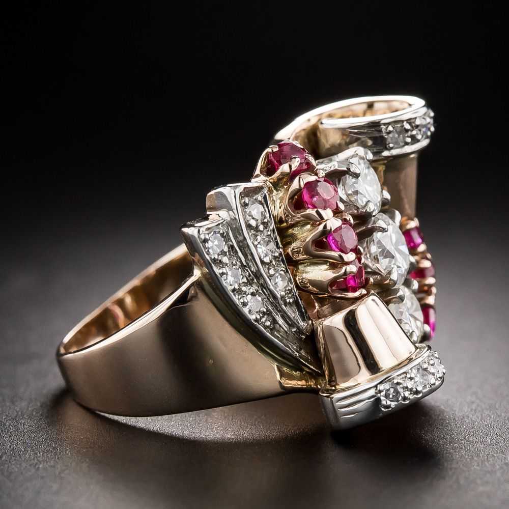 Retro Diamond And Ruby Rose Gold Ring, Size 4 1/2 - image 2
