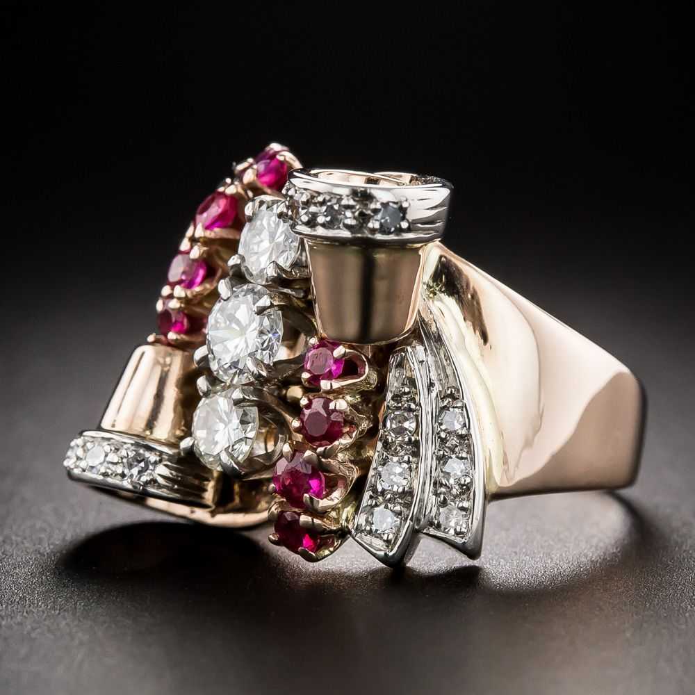 Retro Diamond And Ruby Rose Gold Ring, Size 4 1/2 - image 3