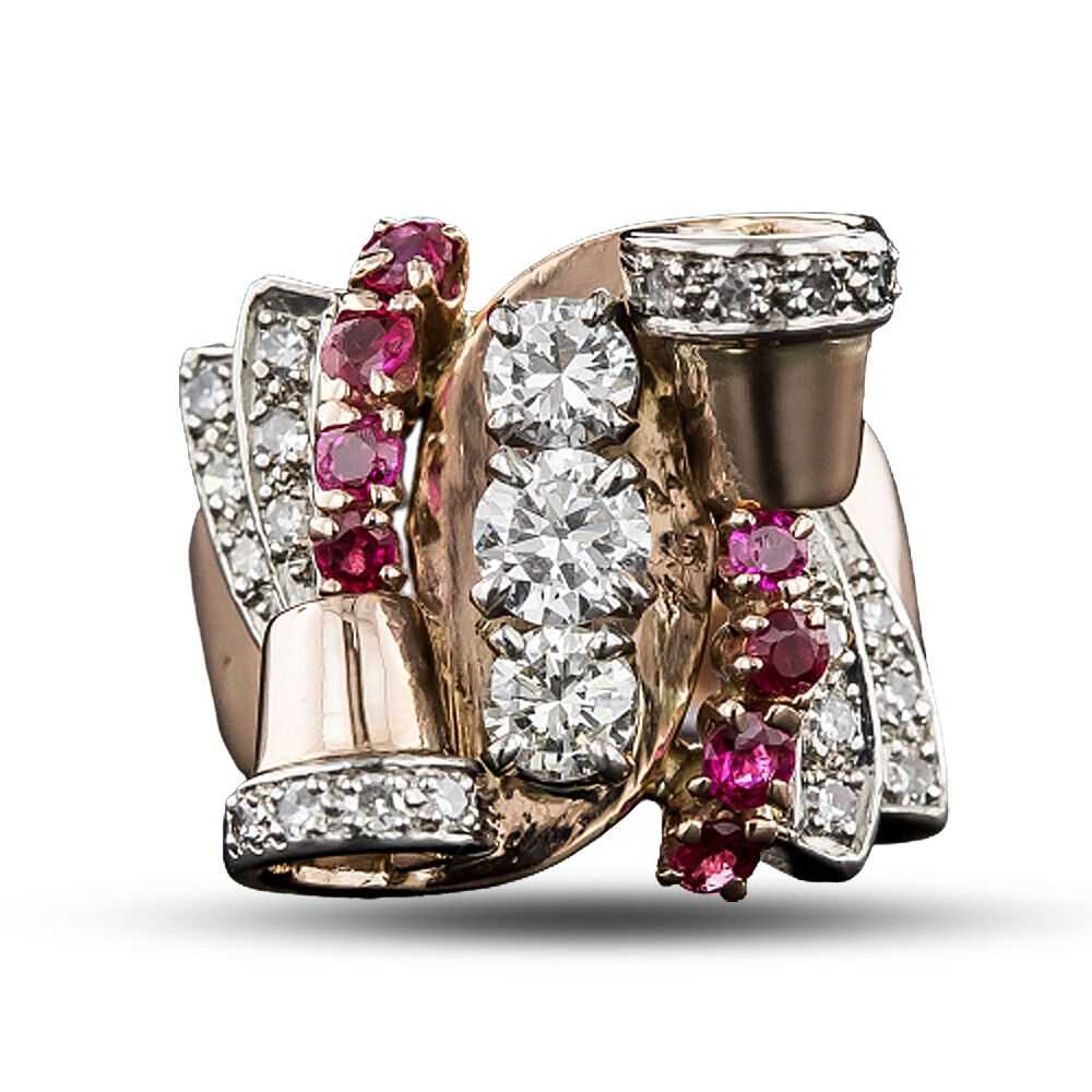 Retro Diamond And Ruby Rose Gold Ring, Size 4 1/2 - image 6