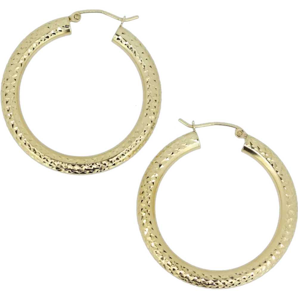 10k Yellow Gold Hollow Diamond Cut Hoop Earrings - image 1