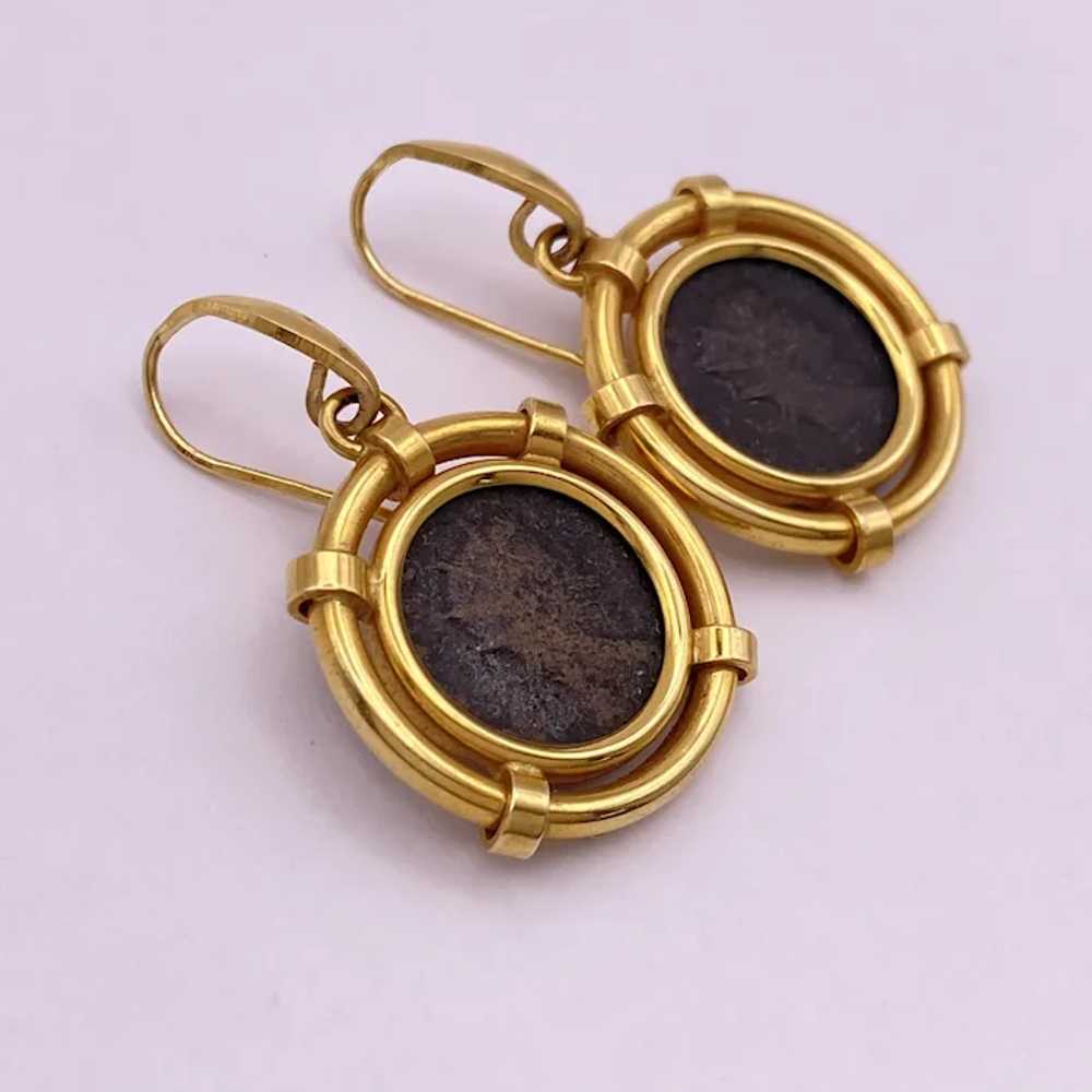 Ancient Roman Coin 18K Gold Dangle Earrings Etrus… - image 3