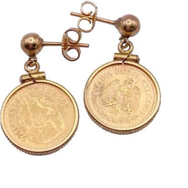 Gold Pesos Coin Dangle Earrings Circa 1945,  14K G