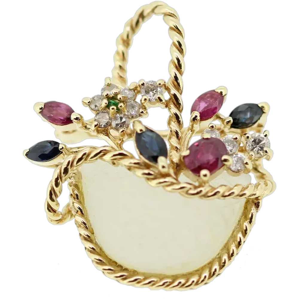 14k Yellow Gold Floral Diamond Basket Brooch - image 1