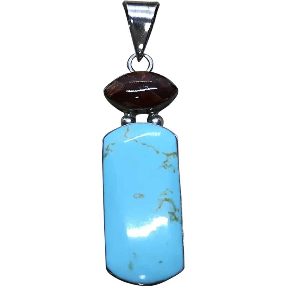 Large Sterling, Fire Agate, Turquoise Pendant - image 1