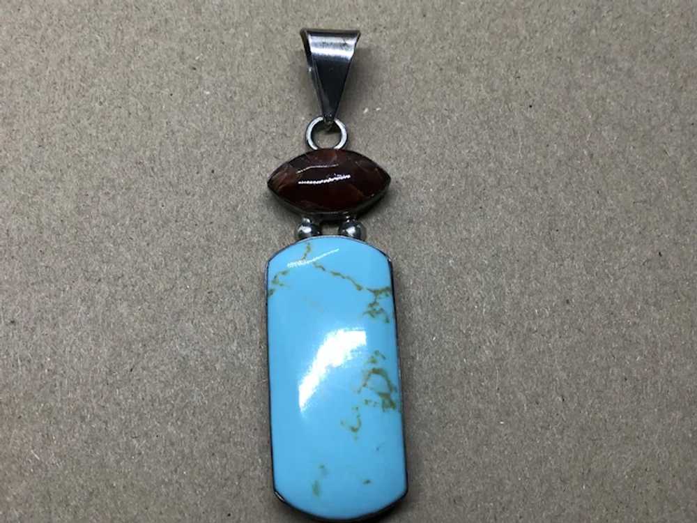 Large Sterling, Fire Agate, Turquoise Pendant - image 2