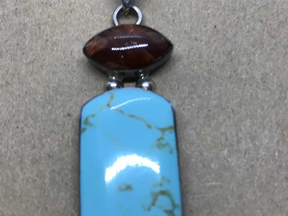 Large Sterling, Fire Agate, Turquoise Pendant - image 3