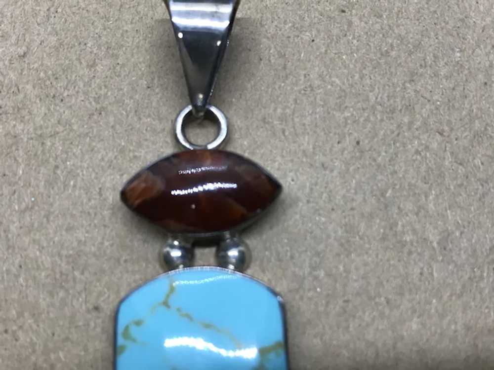 Large Sterling, Fire Agate, Turquoise Pendant - image 4