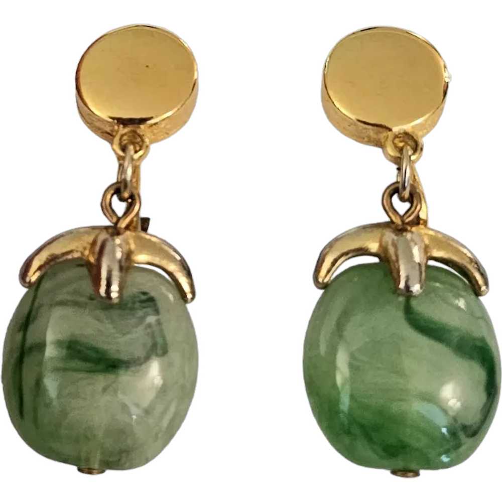 Trifari Gold Tone Green Marbled Resin Lucite Dang… - image 1