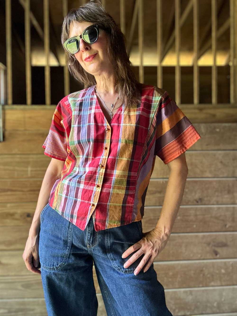 1980s Kenzo Cotton Yarn Dyed Plaid Top - image 1