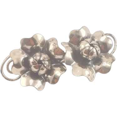 Vintage Sterling Silver Floral Screw Double Rose … - image 1