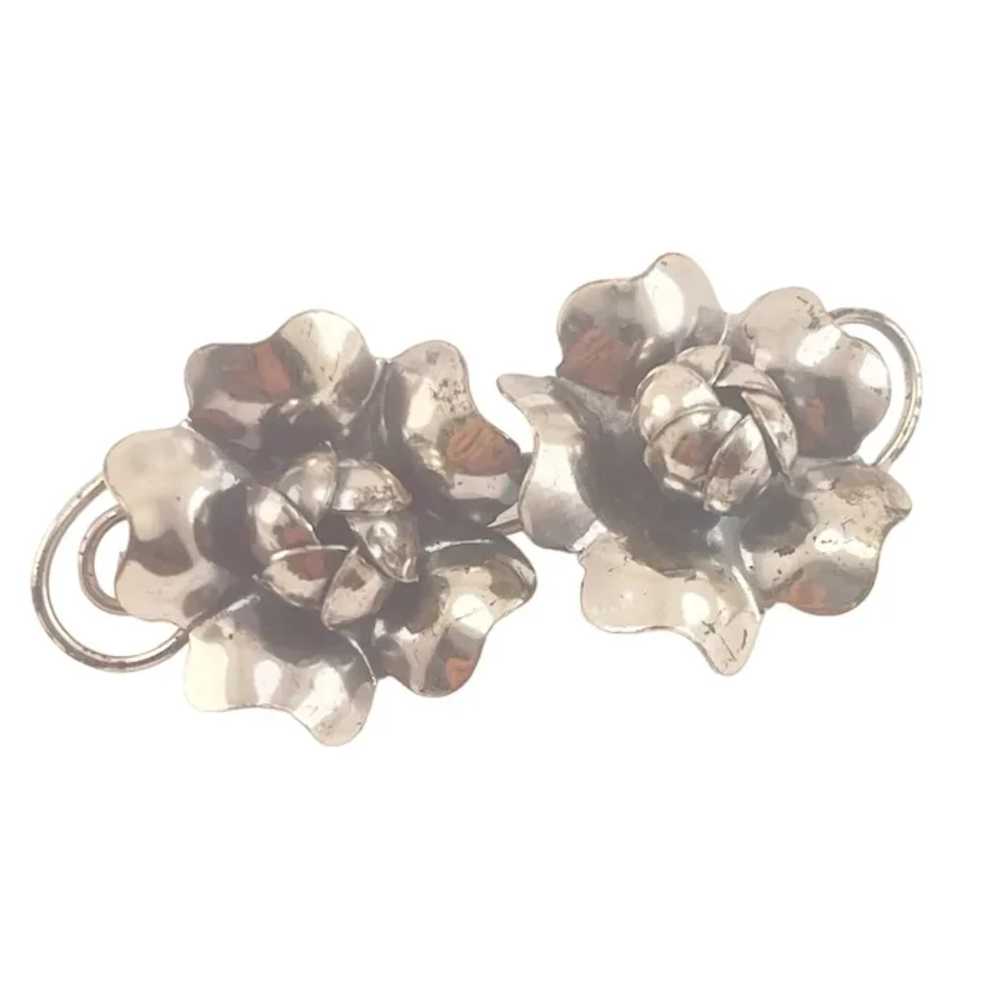 Vintage Sterling Silver Floral Screw Double Rose … - image 2