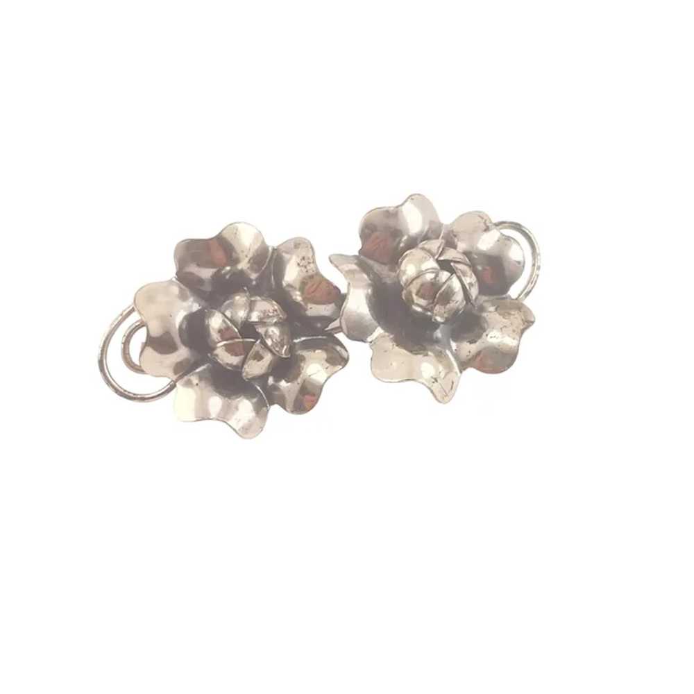 Vintage Sterling Silver Floral Screw Double Rose … - image 3