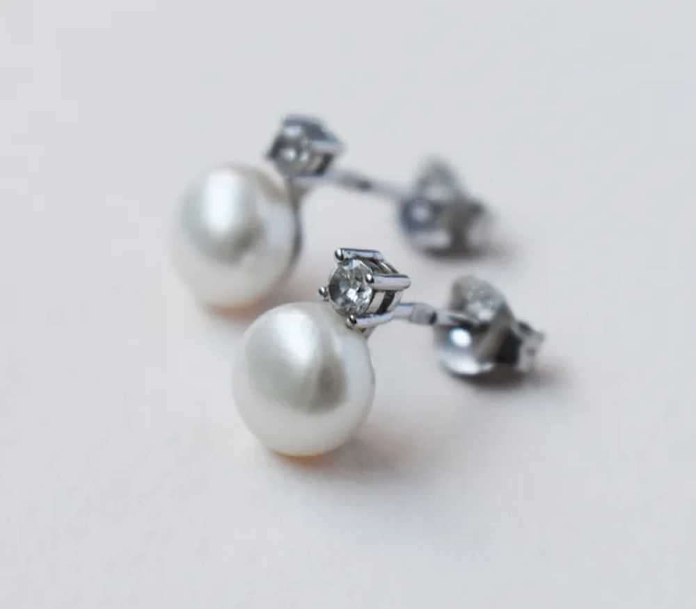 Basic dainty white pearl and cz crystal stud earr… - image 10