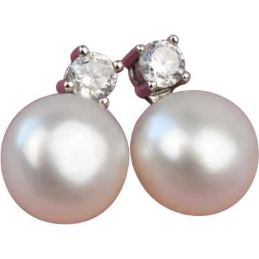 Basic dainty white pearl and cz crystal stud earr… - image 1