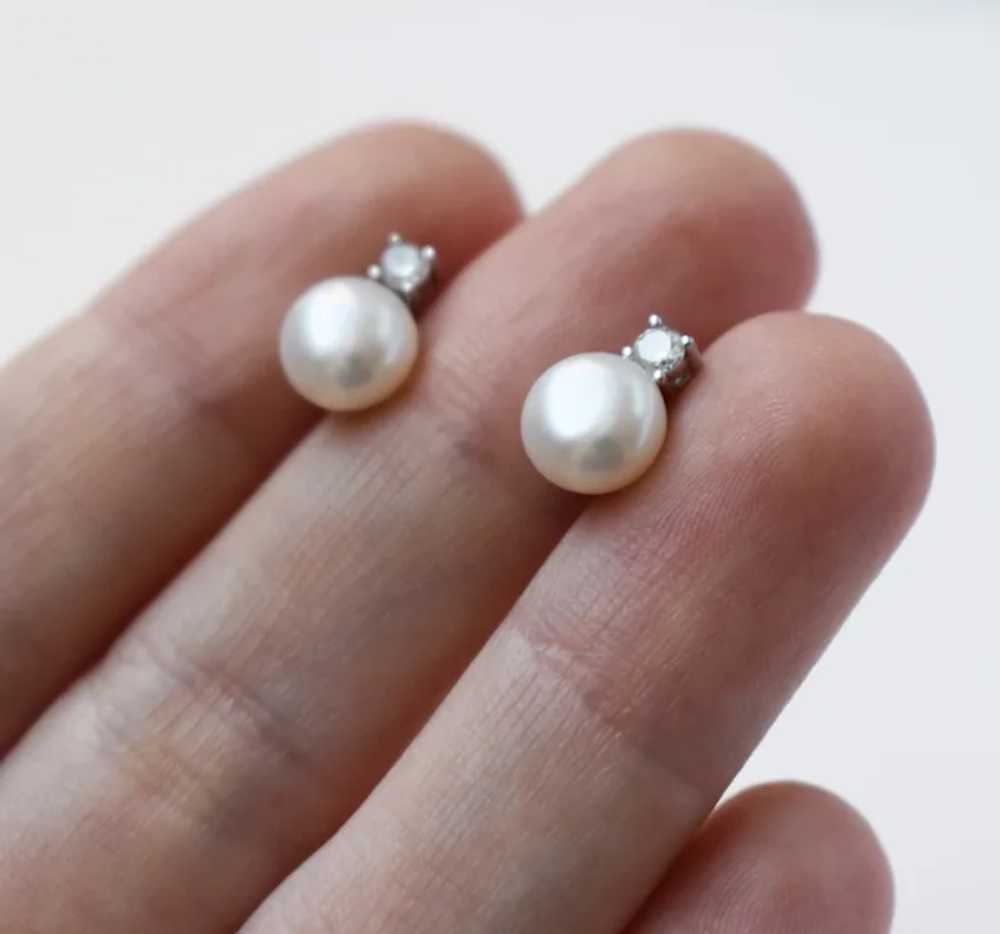 Basic dainty white pearl and cz crystal stud earr… - image 2