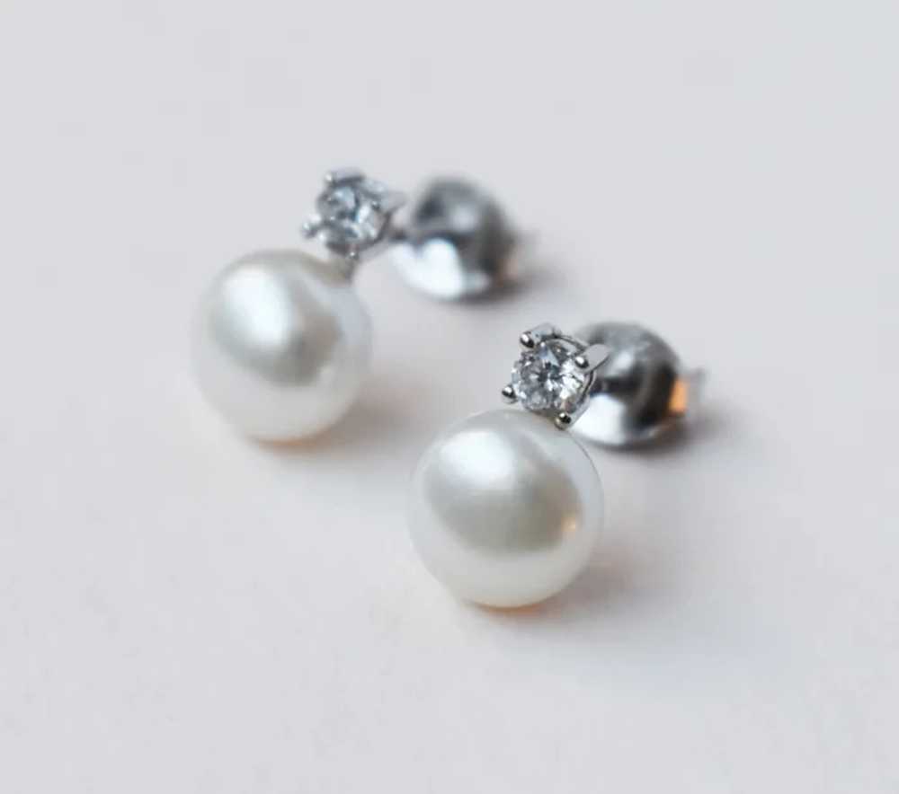 Basic dainty white pearl and cz crystal stud earr… - image 3