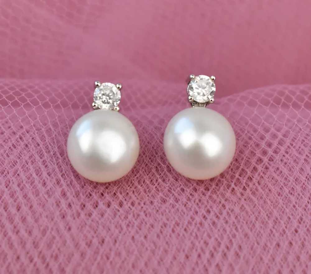 Basic dainty white pearl and cz crystal stud earr… - image 5