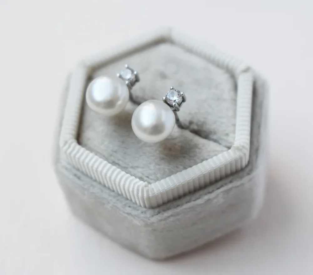 Basic dainty white pearl and cz crystal stud earr… - image 6