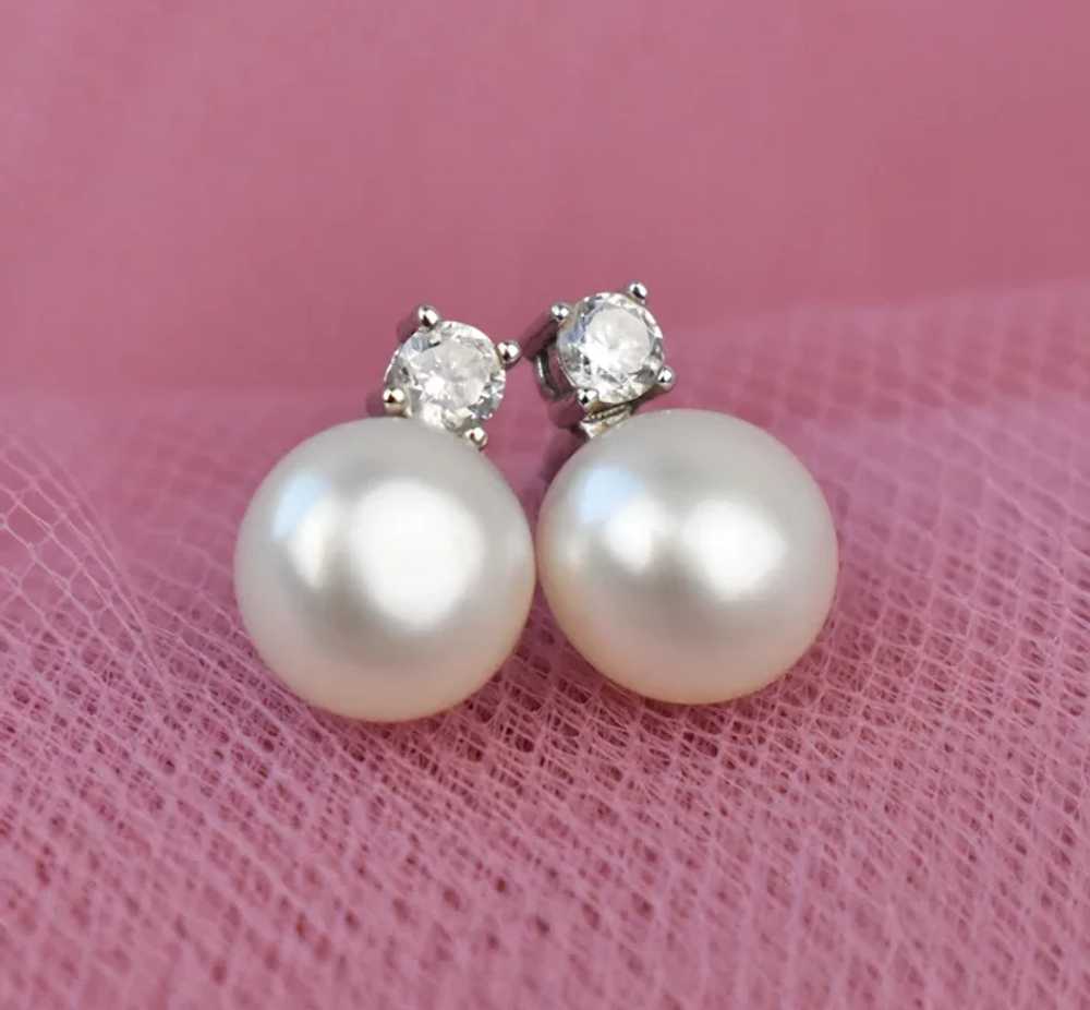 Basic dainty white pearl and cz crystal stud earr… - image 8