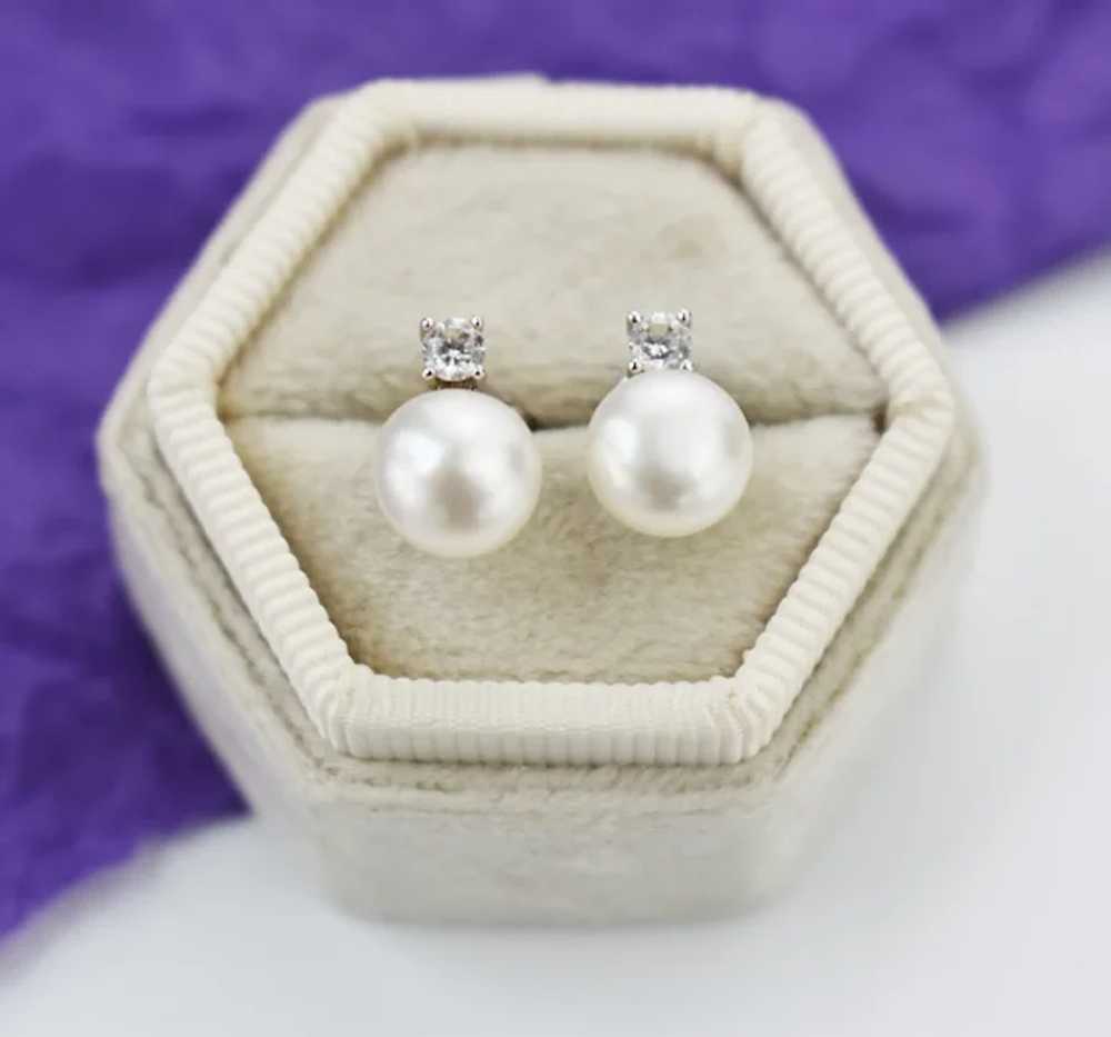 Basic dainty white pearl and cz crystal stud earr… - image 9