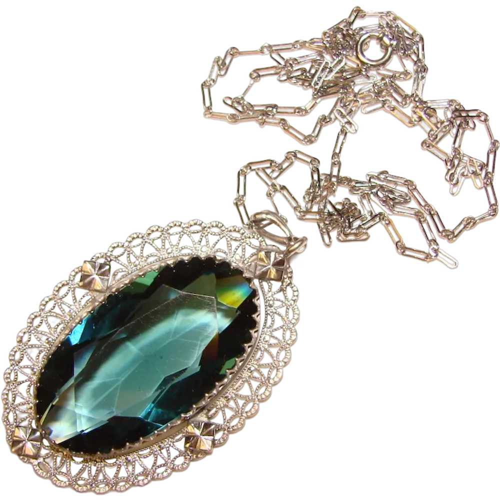 Fabulous ART DECO Filigree & Blue Glass Pendant N… - image 1