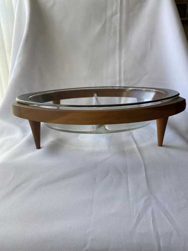 Mid Century Modern Divided Glass Dish with Walnut 