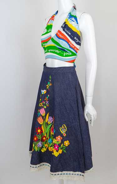 1970s Embroidered Denim Wrap Maxi Skirt