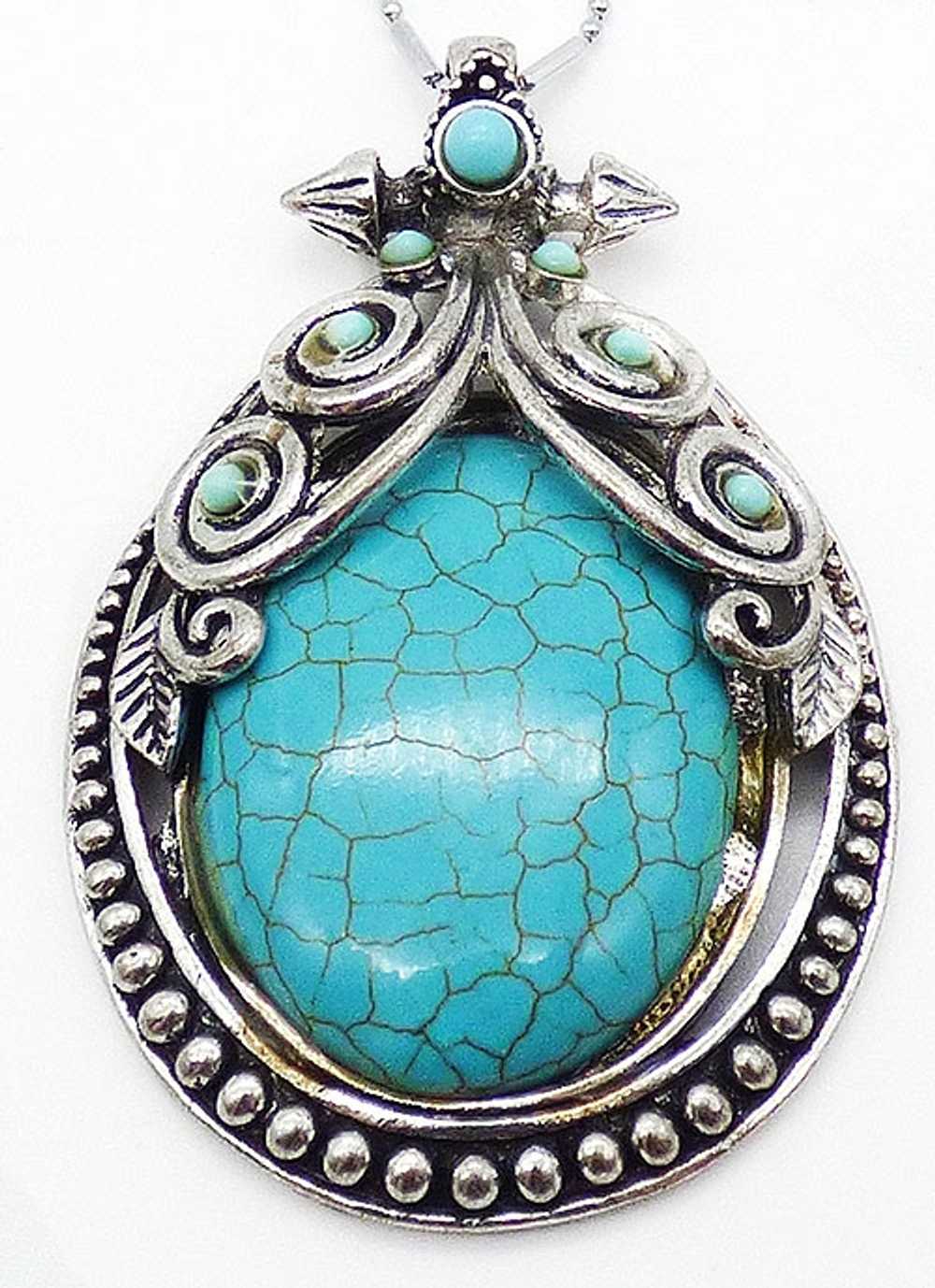 Turquoise Glass Silver Tone Oversized Pendant - image 1