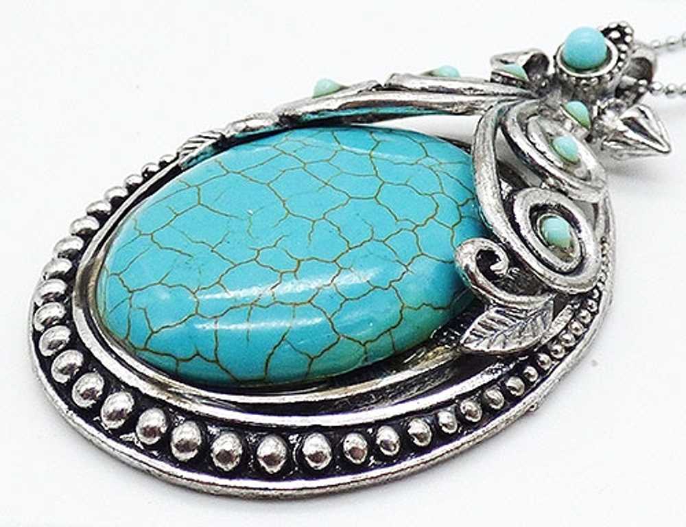 Turquoise Glass Silver Tone Oversized Pendant - image 2