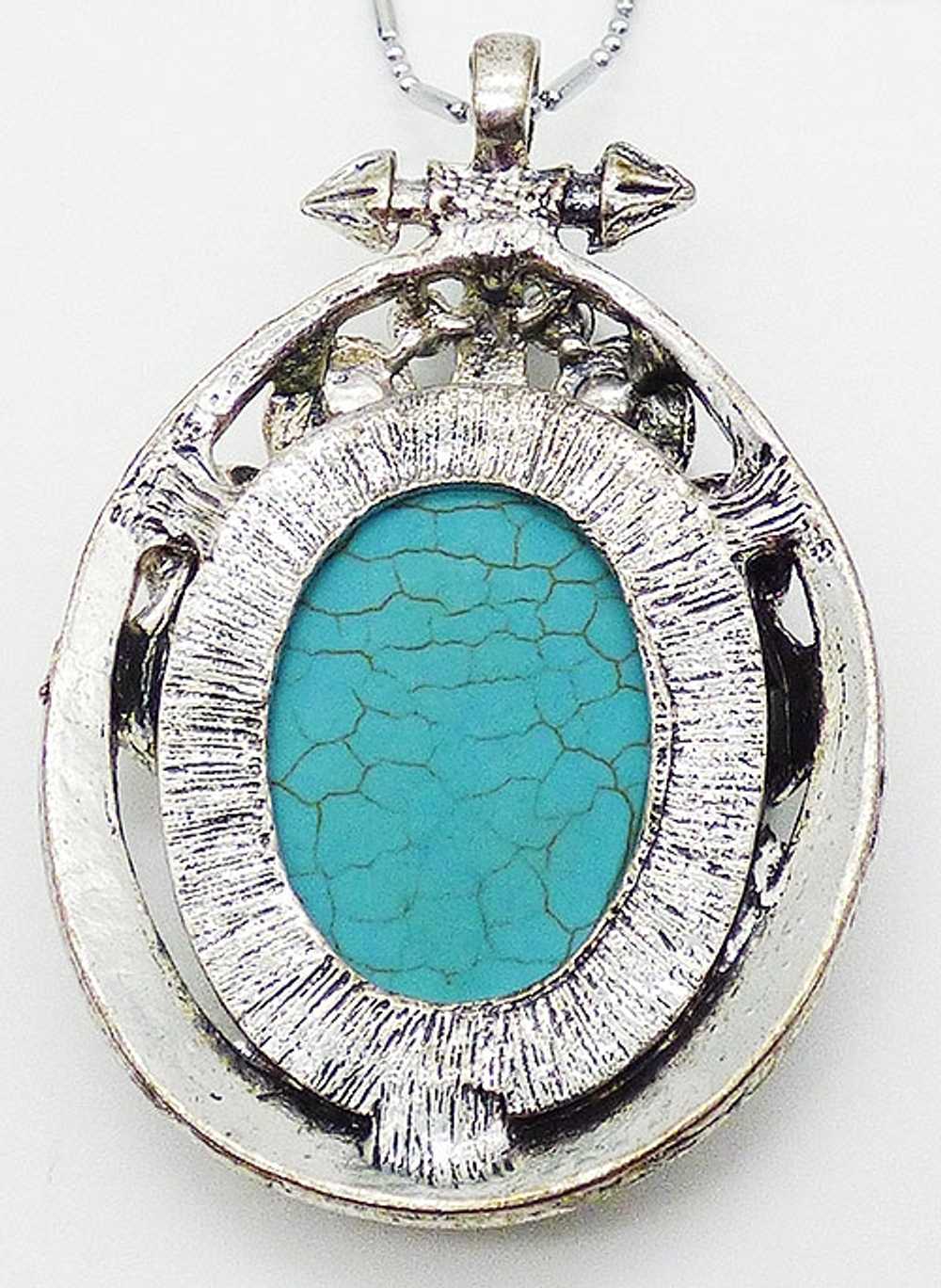 Turquoise Glass Silver Tone Oversized Pendant - image 3