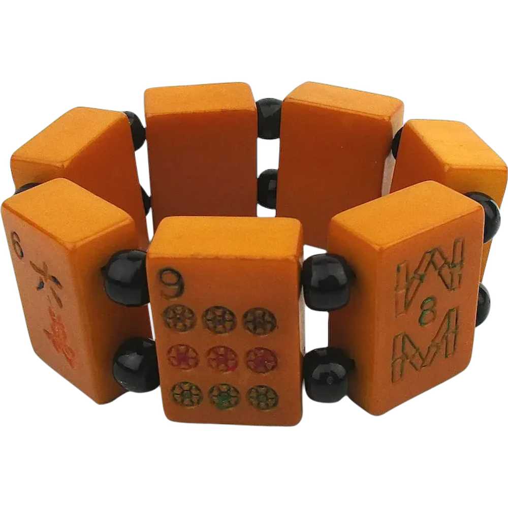 Gamer Bakelite Carved Tile Mah Jong Bracelet Stre… - image 1