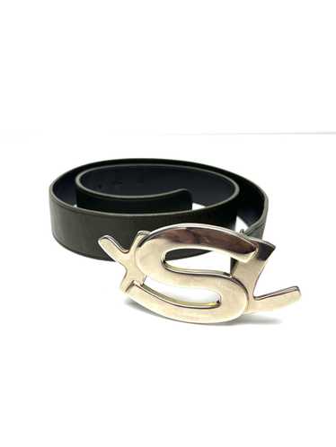 YSL Yves 2024 Saint Laurent Men's Navy Blue Leather Belt Gold Tone Buckle 34