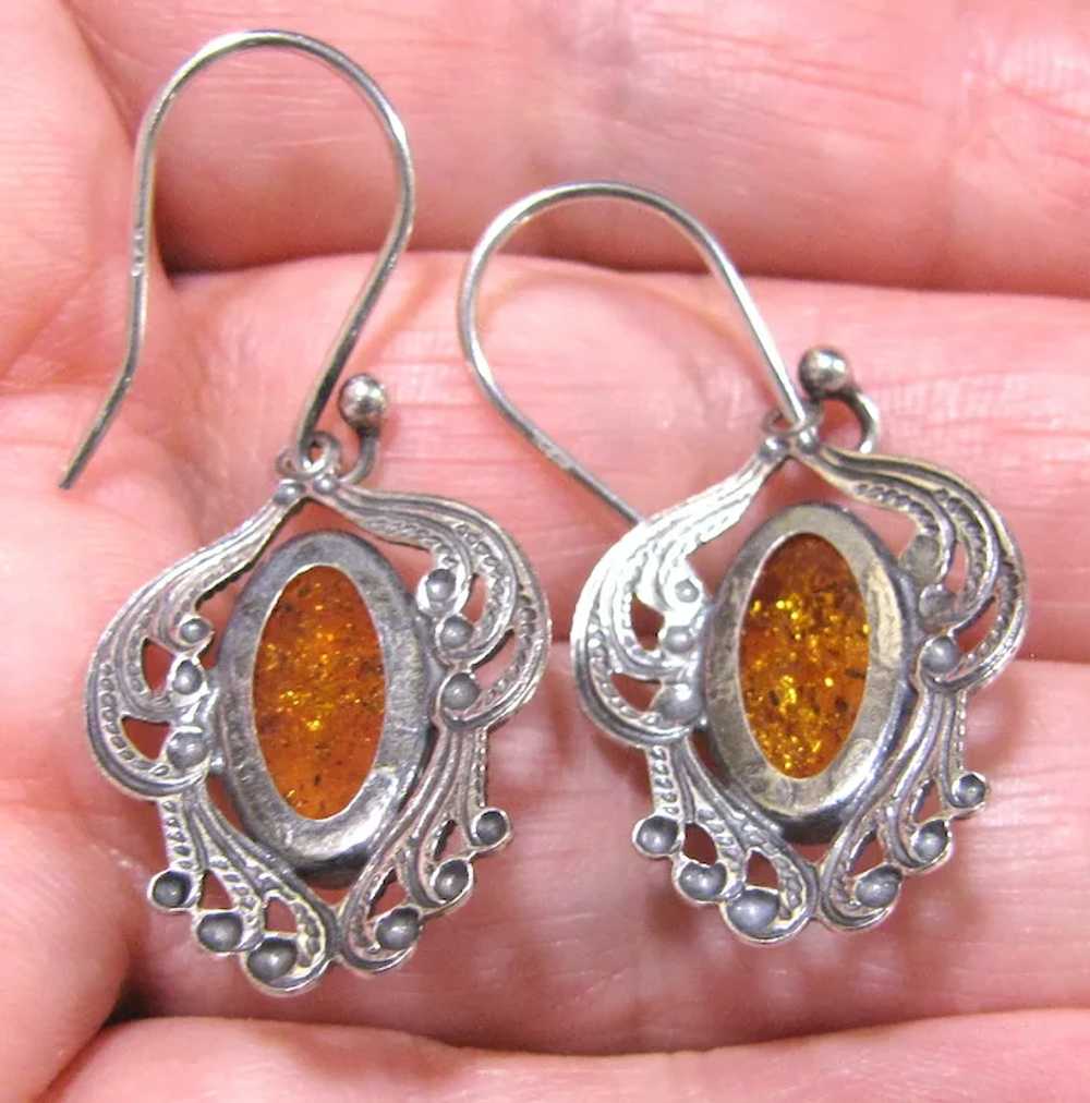 Baltic Amber & Sterling Filigree Earrings - image 2