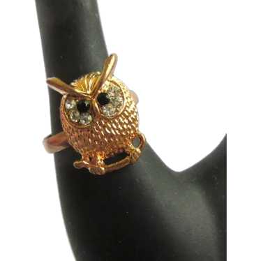 Rhinestone Owl Ring, Vintage Figural, Rose Gold T… - image 1