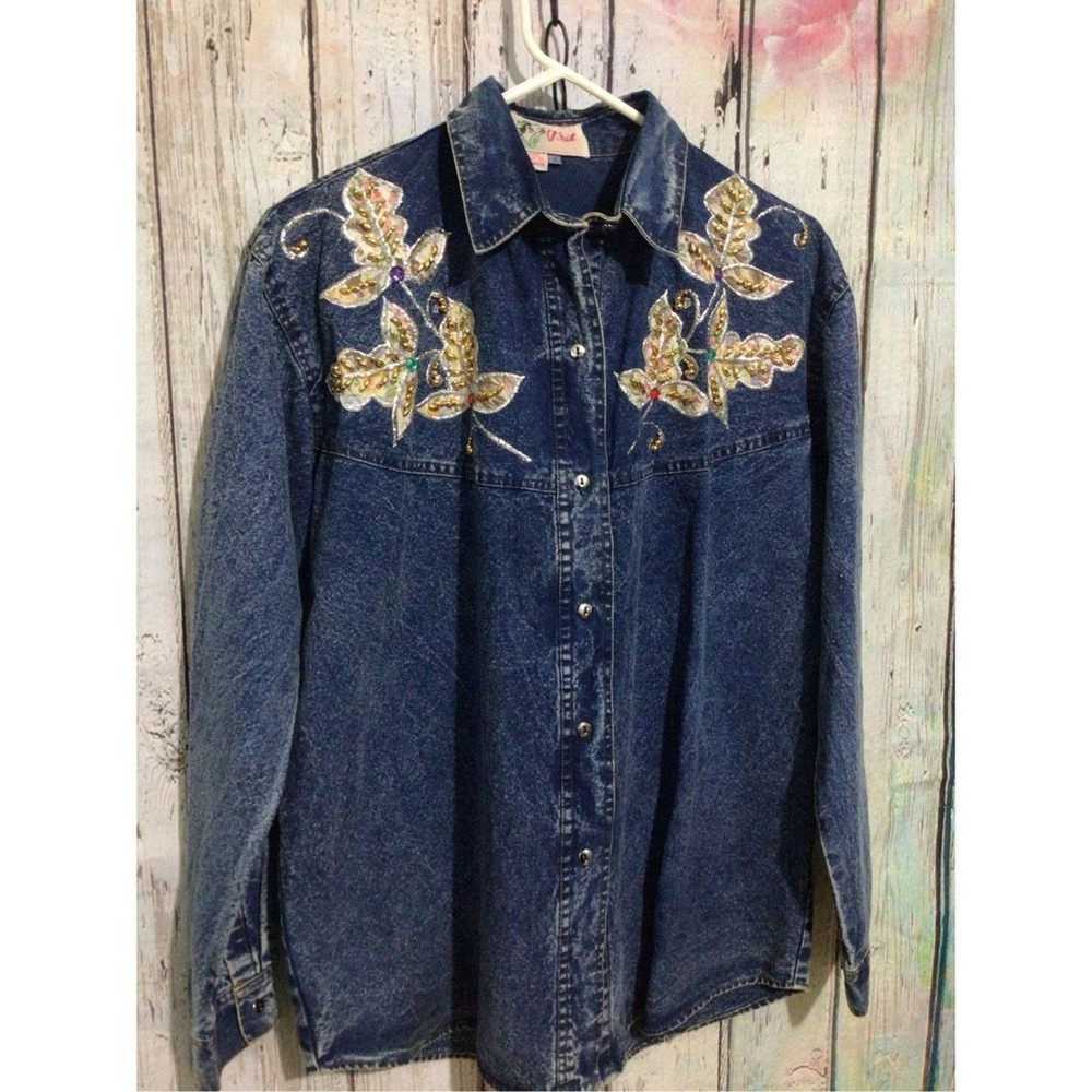 Vintage Vintage 80’s Denim Shirt “Pret” Bling Den… - image 10