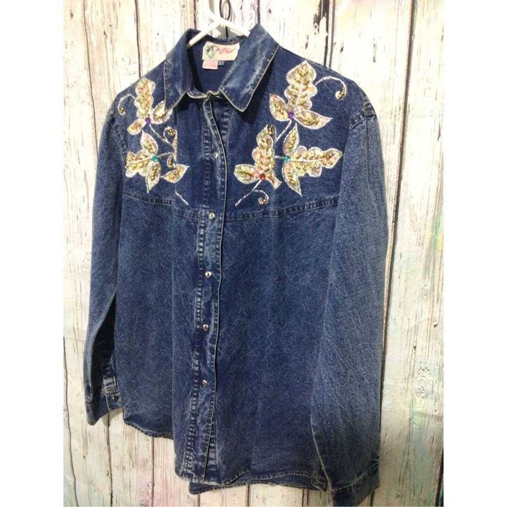 Vintage Vintage 80’s Denim Shirt “Pret” Bling Den… - image 12