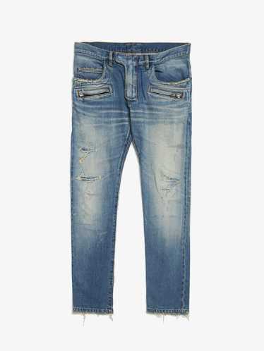 Balmain Blue Washed Ragged Biker Cotton Jeans