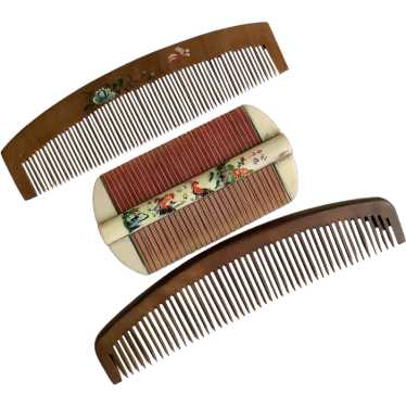 3 vintage hair combs - 2 Chinese and 1 unmarked