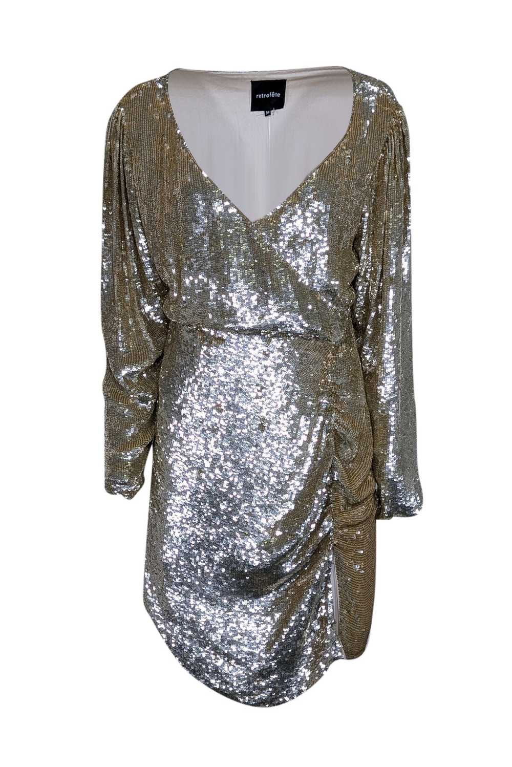 Retrofete - Gold Long Sleeve Sequin Wrap Mini Dre… - image 1