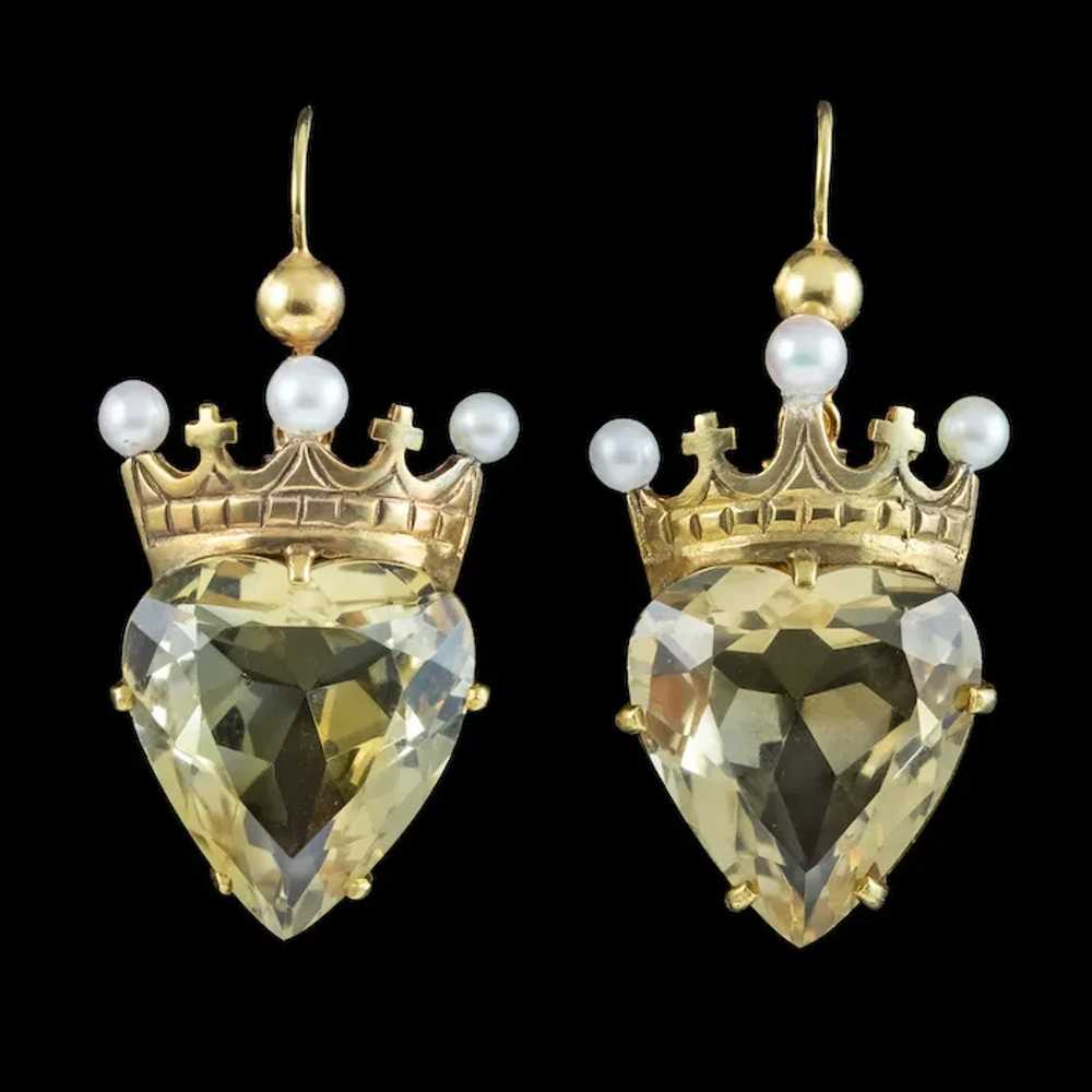 Antique Victorian Citrine Heart Pearl Crown Earri… - image 2