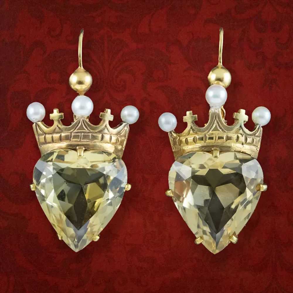 Antique Victorian Citrine Heart Pearl Crown Earri… - image 3