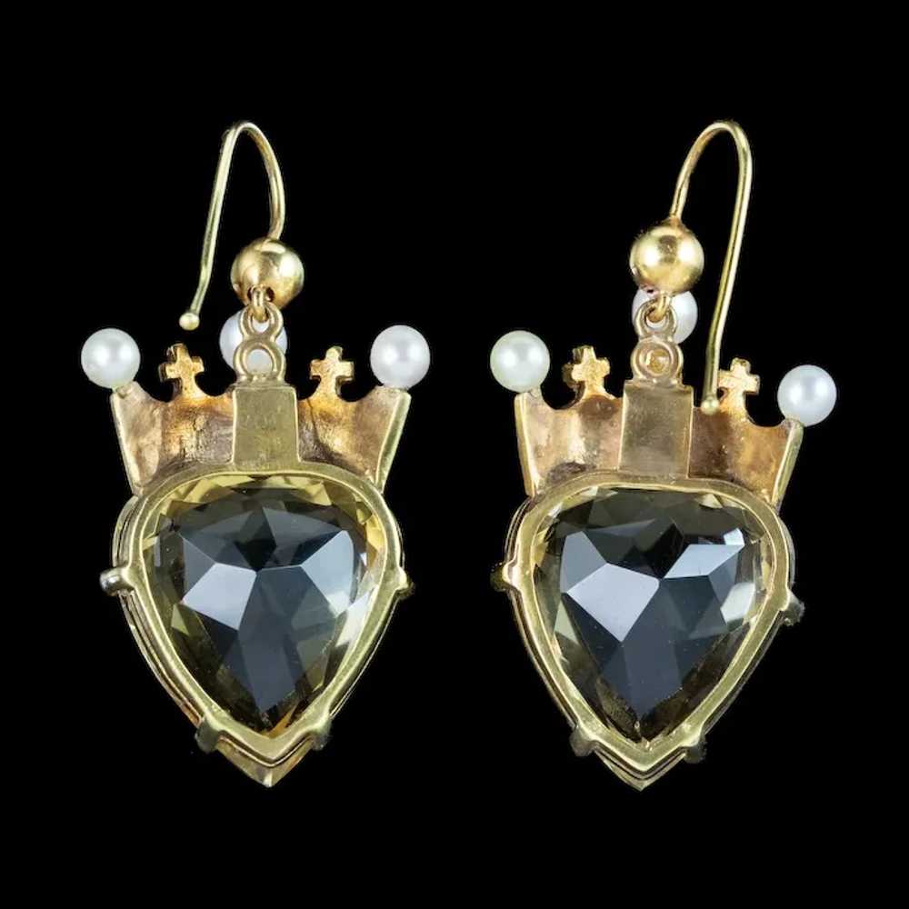 Antique Victorian Citrine Heart Pearl Crown Earri… - image 4