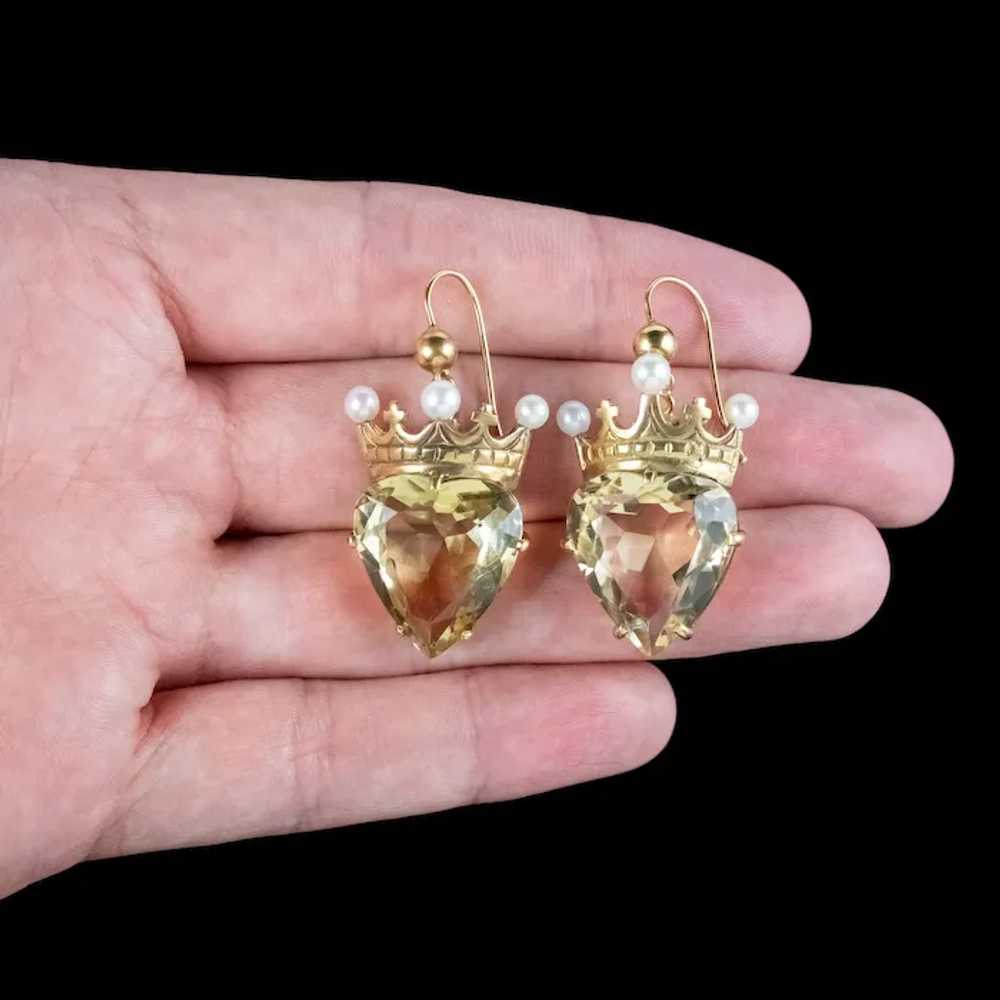 Antique Victorian Citrine Heart Pearl Crown Earri… - image 7