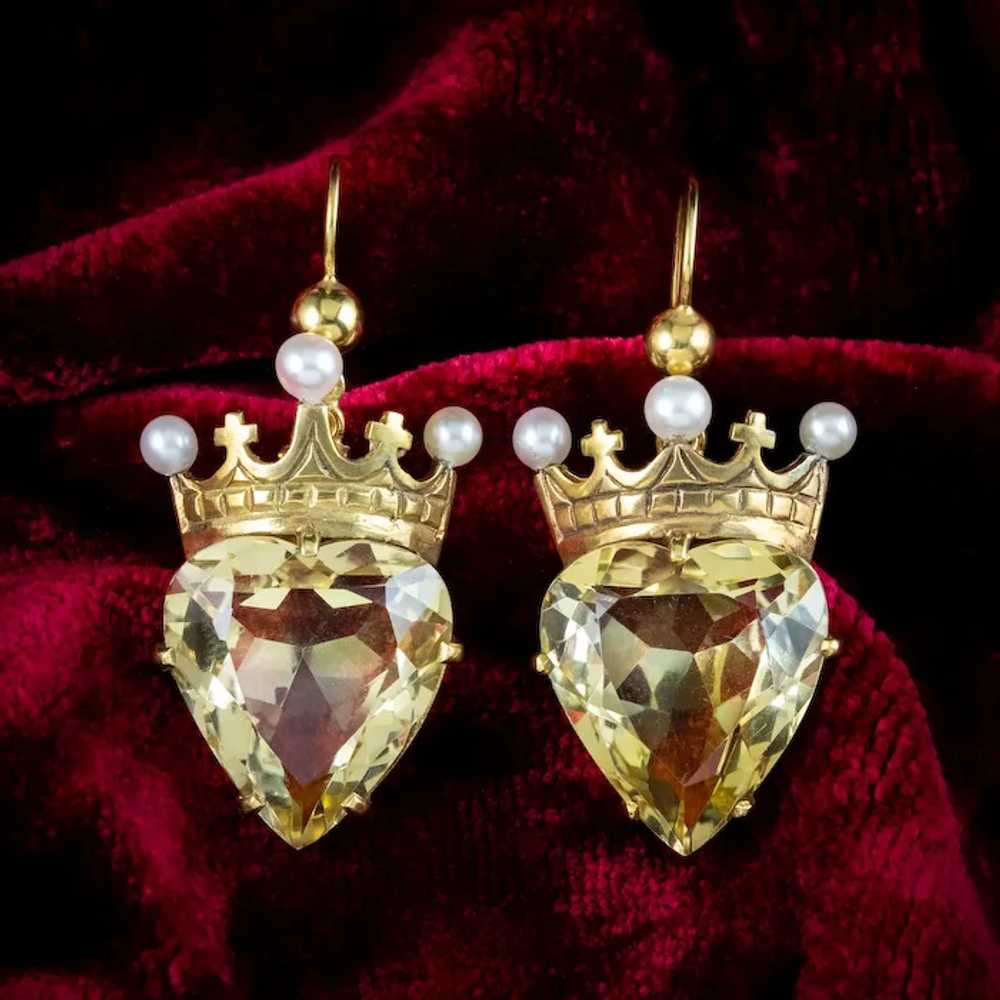 Antique Victorian Citrine Heart Pearl Crown Earri… - image 8