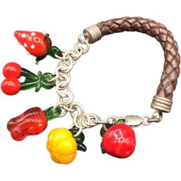 Fruit & Veggies Bracelet Art Glass Charms Leather… - image 1