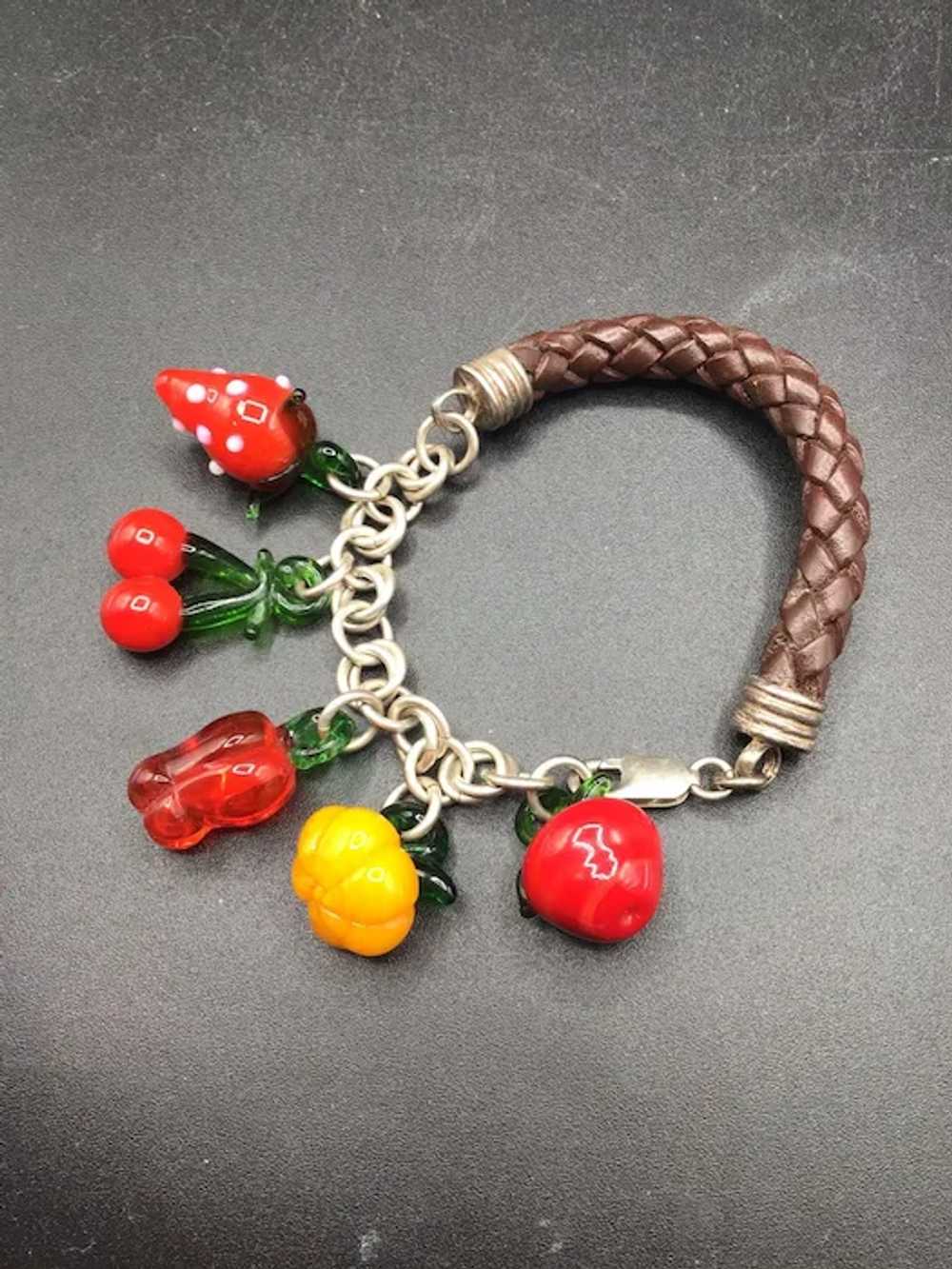 Fruit & Veggies Bracelet Art Glass Charms Leather… - image 2