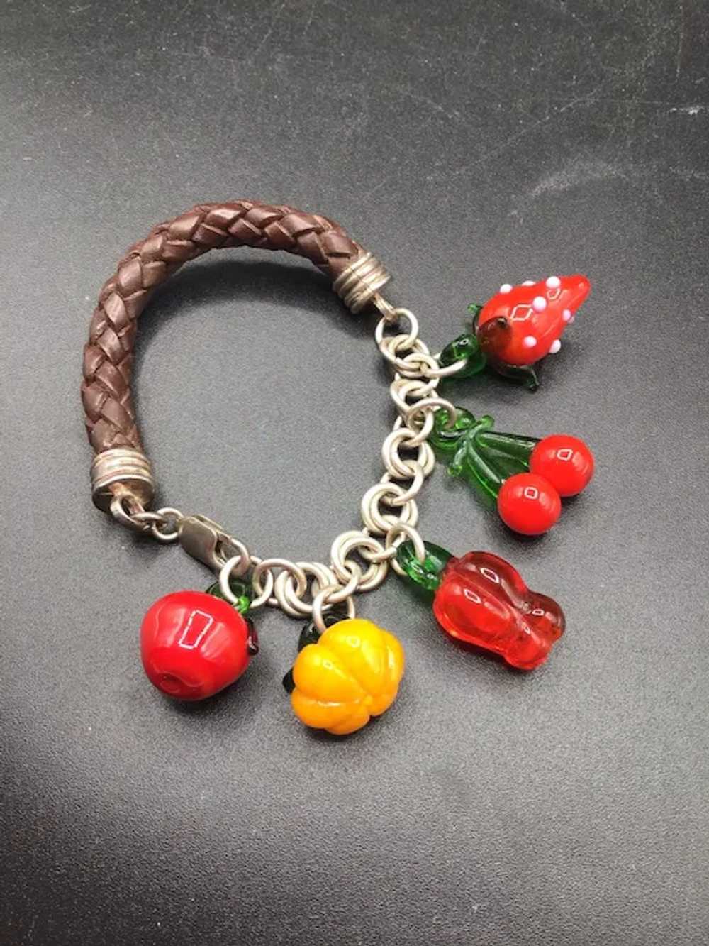 Fruit & Veggies Bracelet Art Glass Charms Leather… - image 3