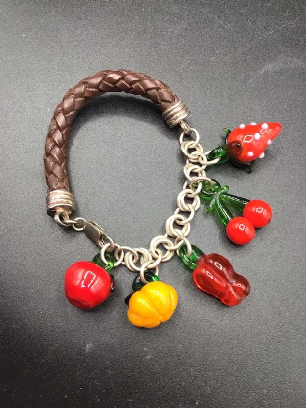 Fruit & Veggies Bracelet Art Glass Charms Leather… - image 4